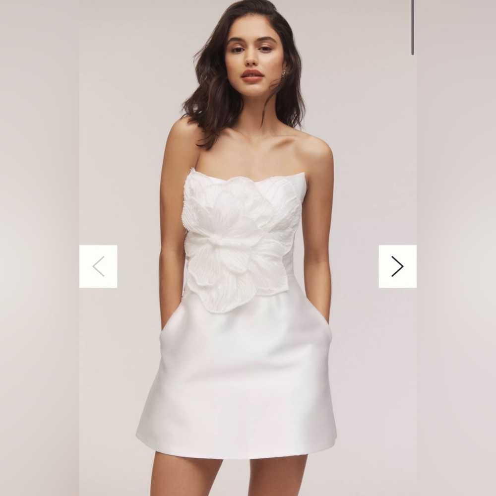 Watters White Strapless Mini Dress with Oversized Floral Appliqué